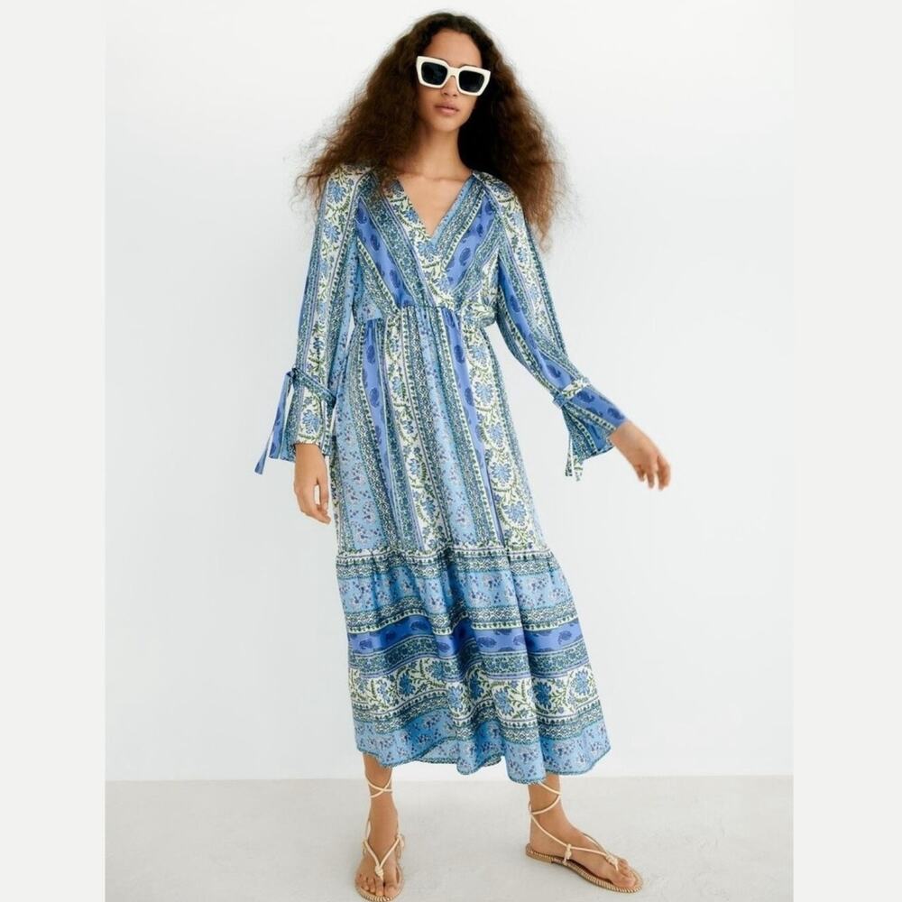 ZARA Satin Botanical Paisley Maxi Dress Tiered Ruffle Whimsical Cottagecore Blue